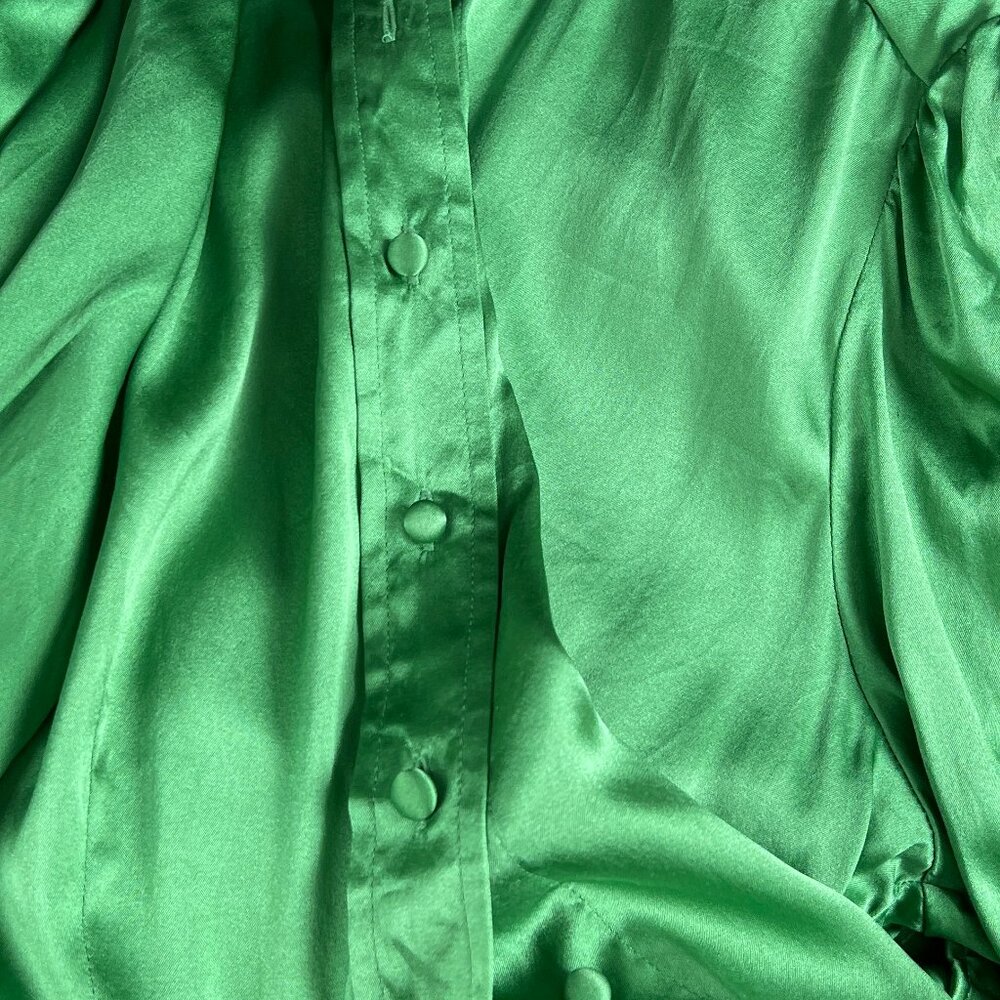 Vintage 100% Silk Rushed Puff Poof Sleeve Button Down Up Shirt Fitted Blouse Top - Picture 7 of 8